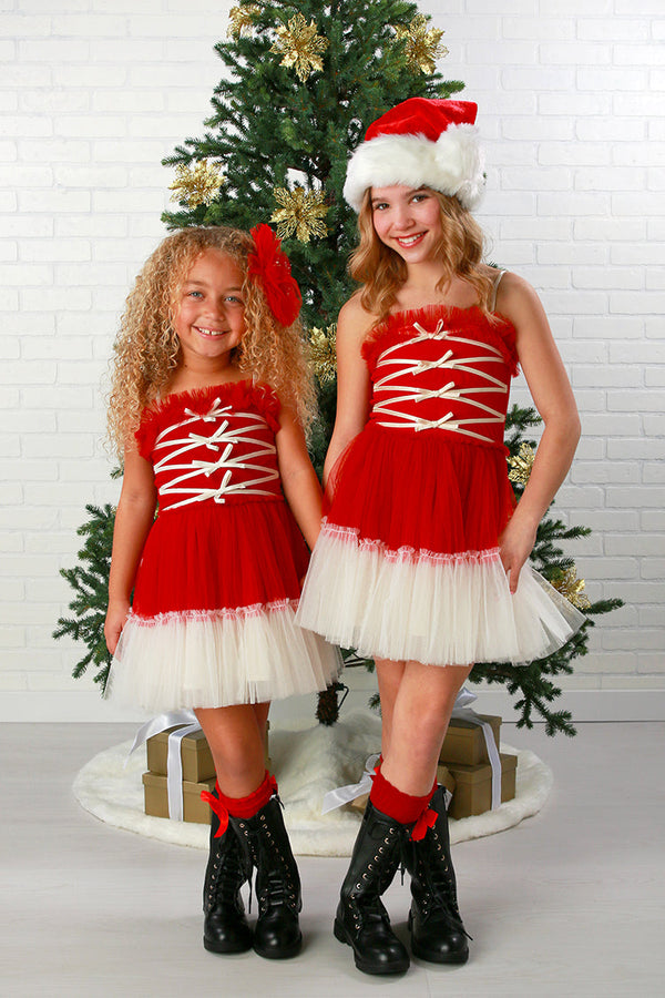 Profiterole Holiday Tulle Dress – Red & Ivory Ribbon Lace Dress 12M-14